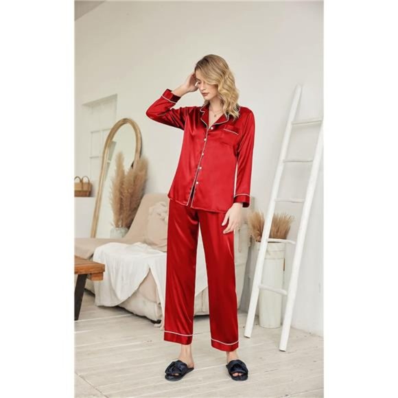 Ekouaer Women's Classic Button Down Long Satin Silk Pajama Set - Picture 2 of 6